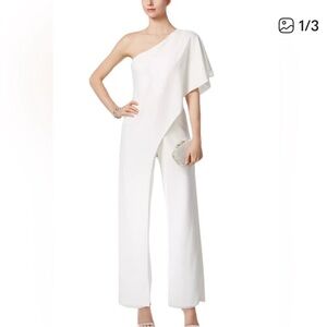 Adriana Papell White One Shoulder Elegant Jumpsuit Flowy Womens Size 10